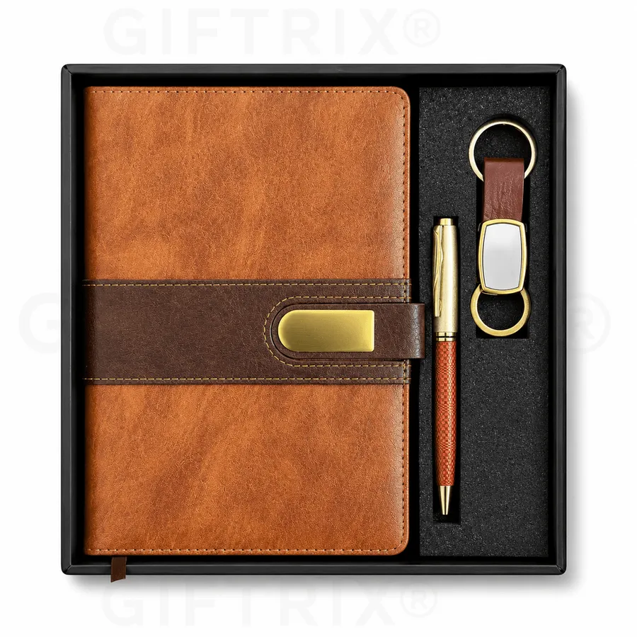 Two-Tone Tan Leather Buckle Diary Set