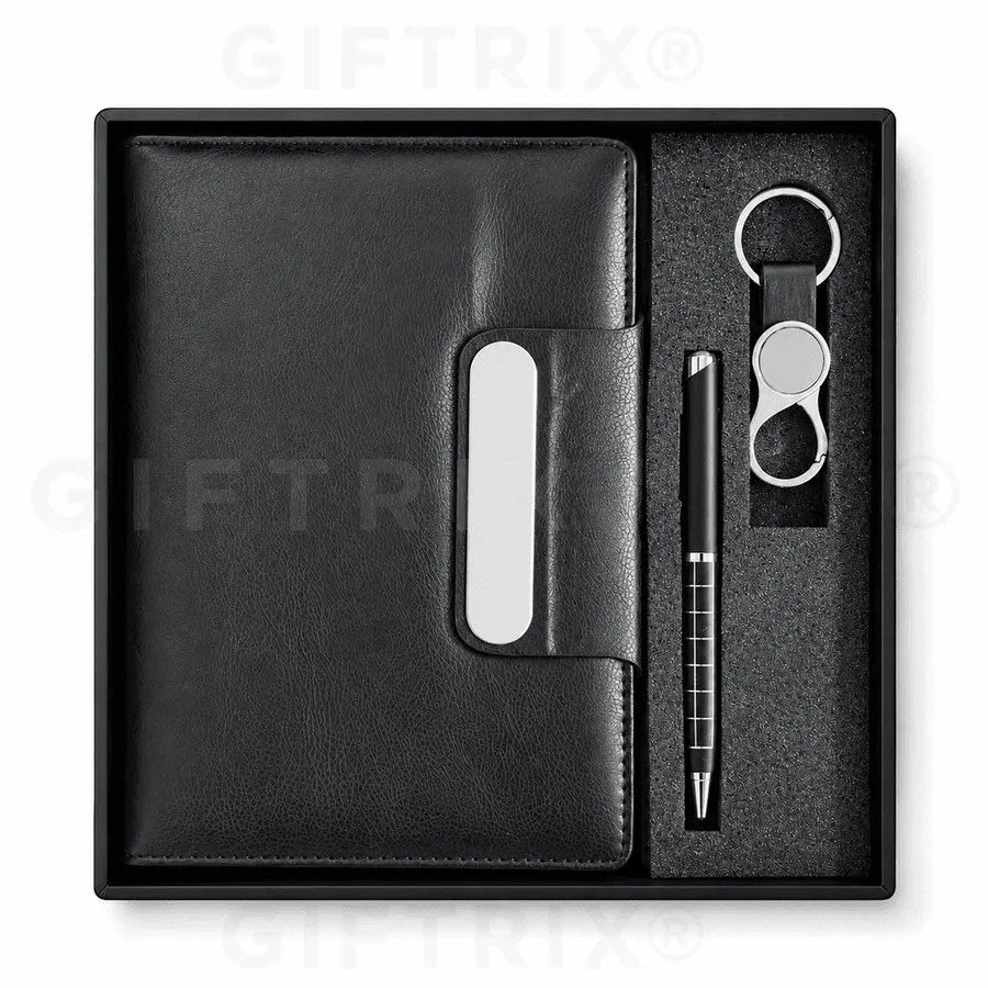 Black Leather Steel-Bar Wallet Diary Set