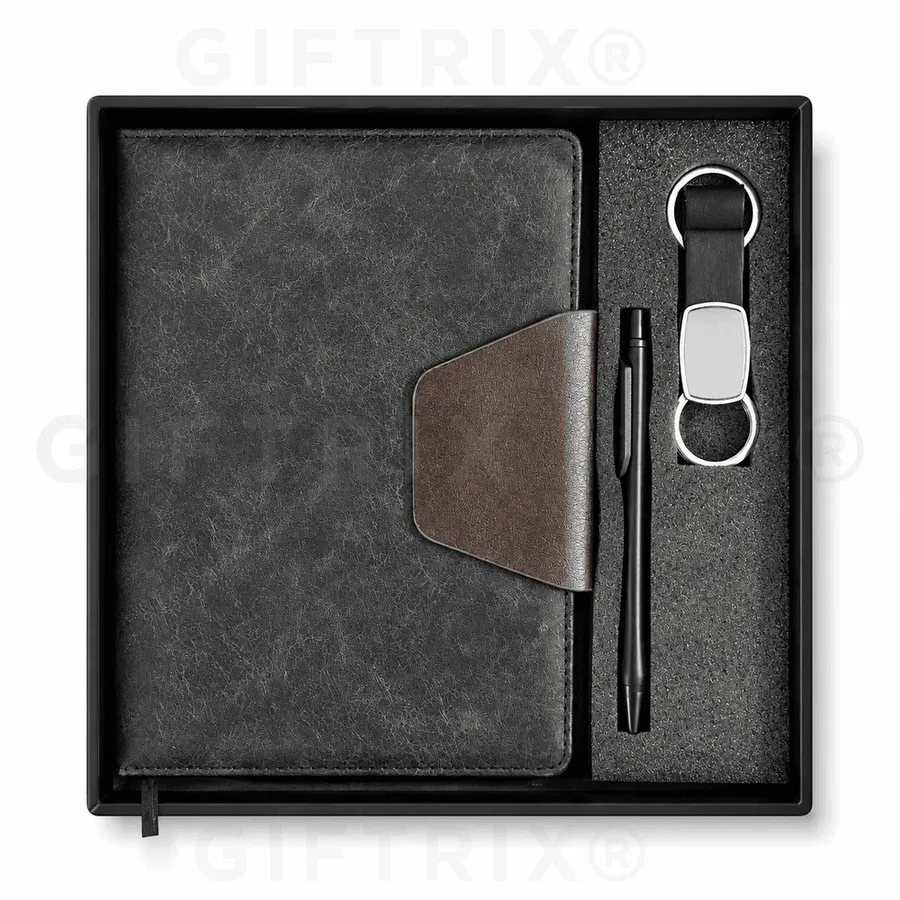 Charcoal Leather Flap Diary Set