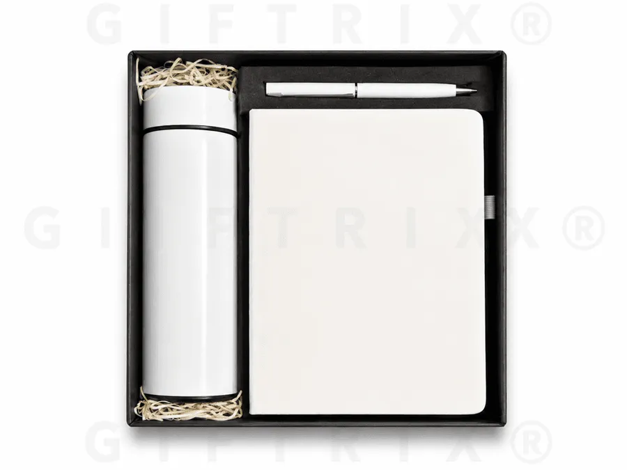 White Steel Bottle, Notebook & Pen Set