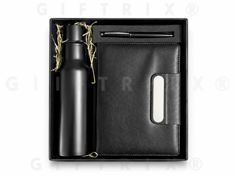Black Steel Bottle & Magnetic-Flap Diary Set