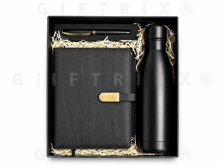 Black Bottle & Gold-Buckle Woven Diary Set