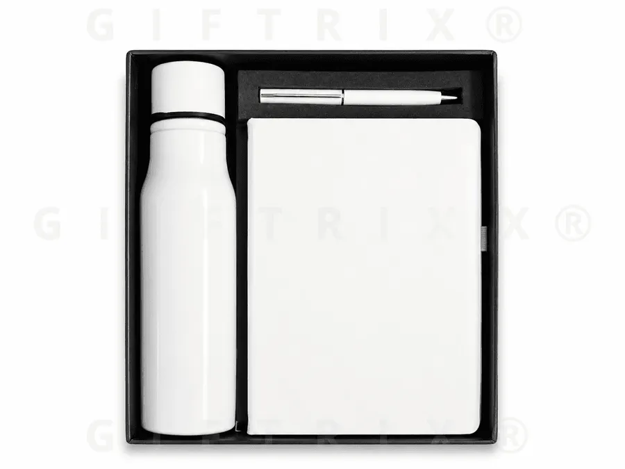 White Bottle, Notebook & Steel Pen Set