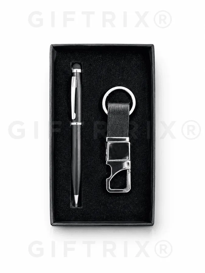 Silver Roller Pen & Black Leather Keychain Set