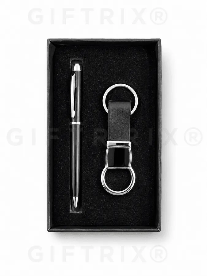 Silver Pen & Chrome Metal Keychain Set
