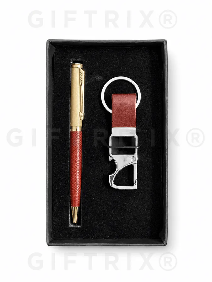 Gold Pen & Tan Leather Keychain Set