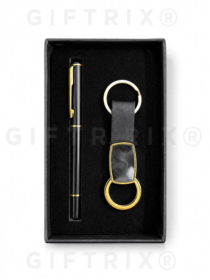 Gold Pen & Gold Leather Strap Keychain Set