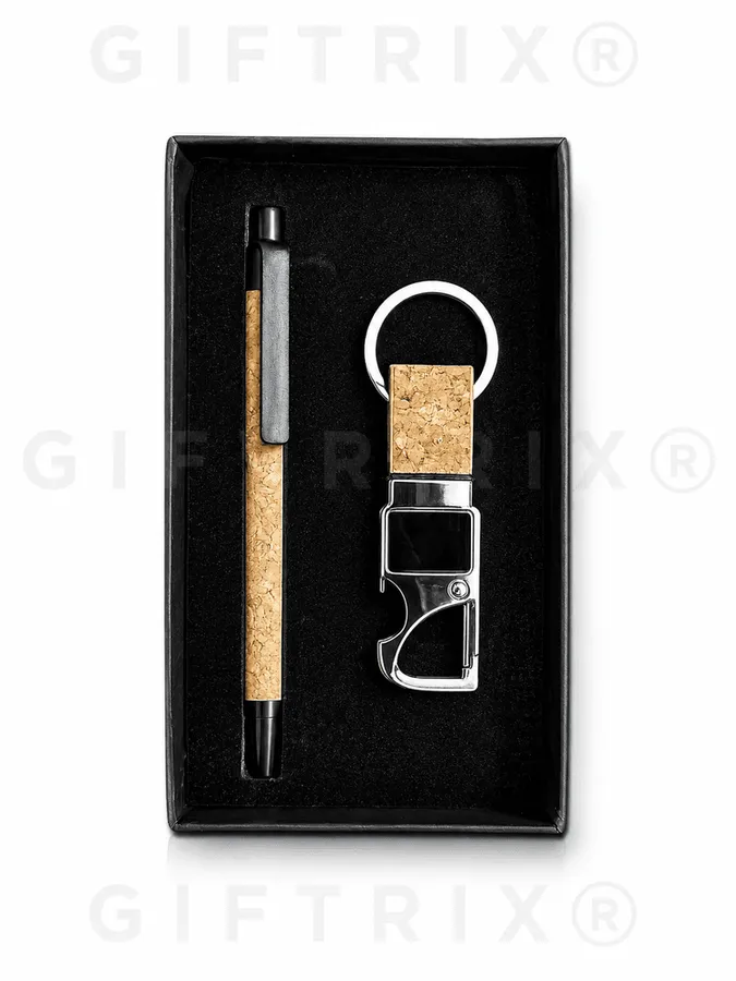 Black-Gold Pen & Cork Keychain Set