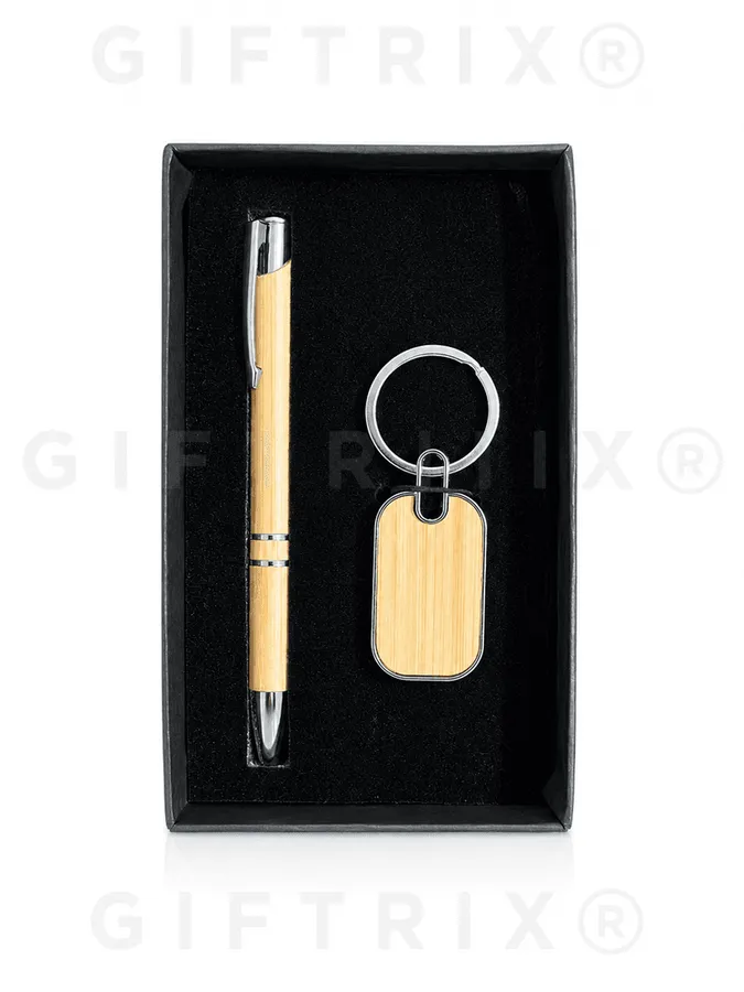 Gold Pen & Wood Bar Keychain Set