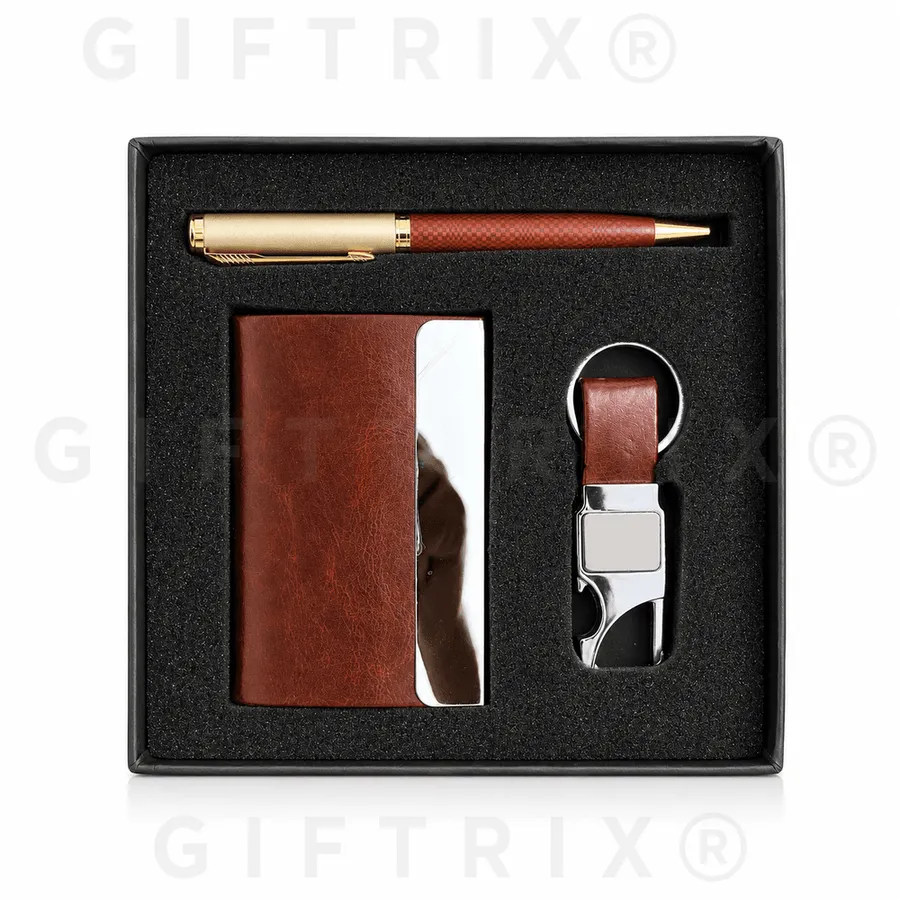 Brown Leather Card Holder, Pen & Keychain Set