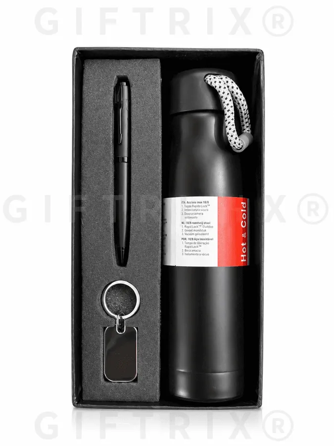Black Vacuum Flask, Pen & Keychain Set