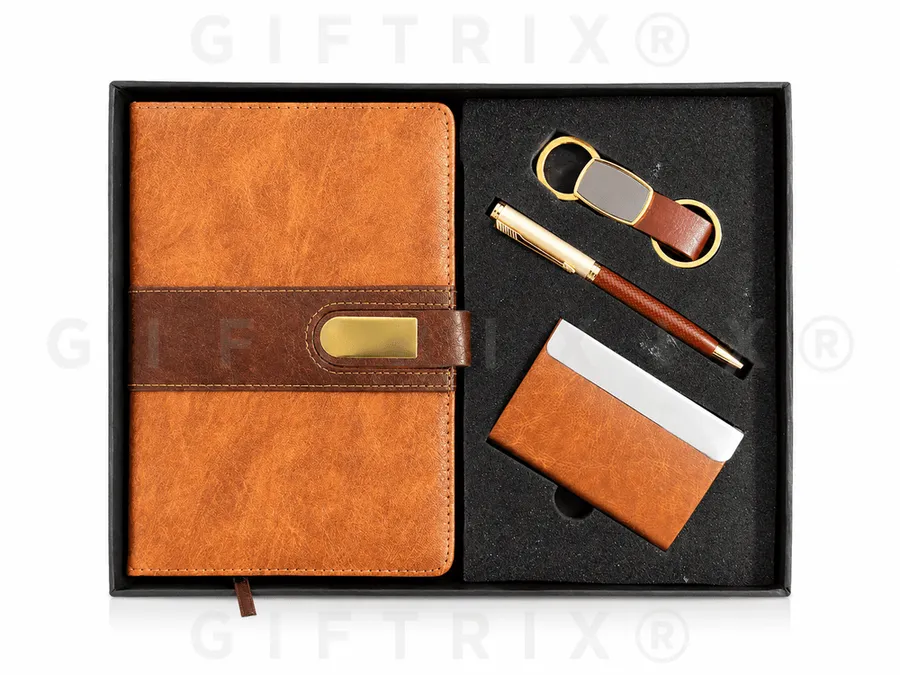 Tan Leather Diary, Pen, Keychain & Card Holder Set
