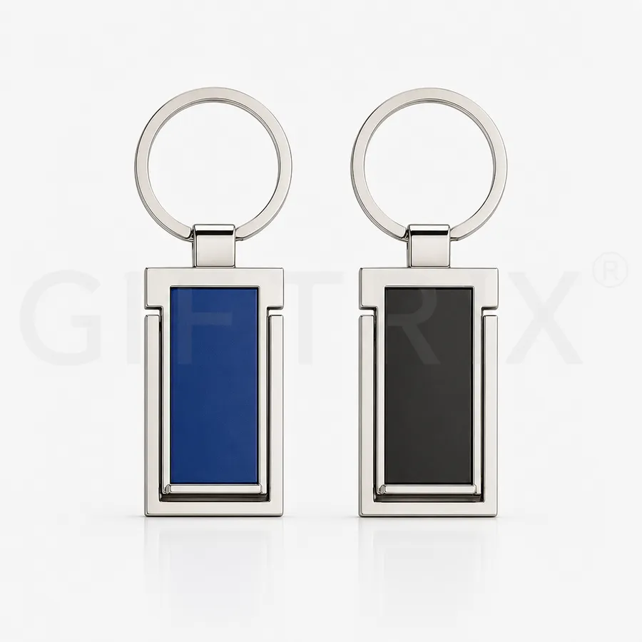 Metal plate keychain duo in blue and black