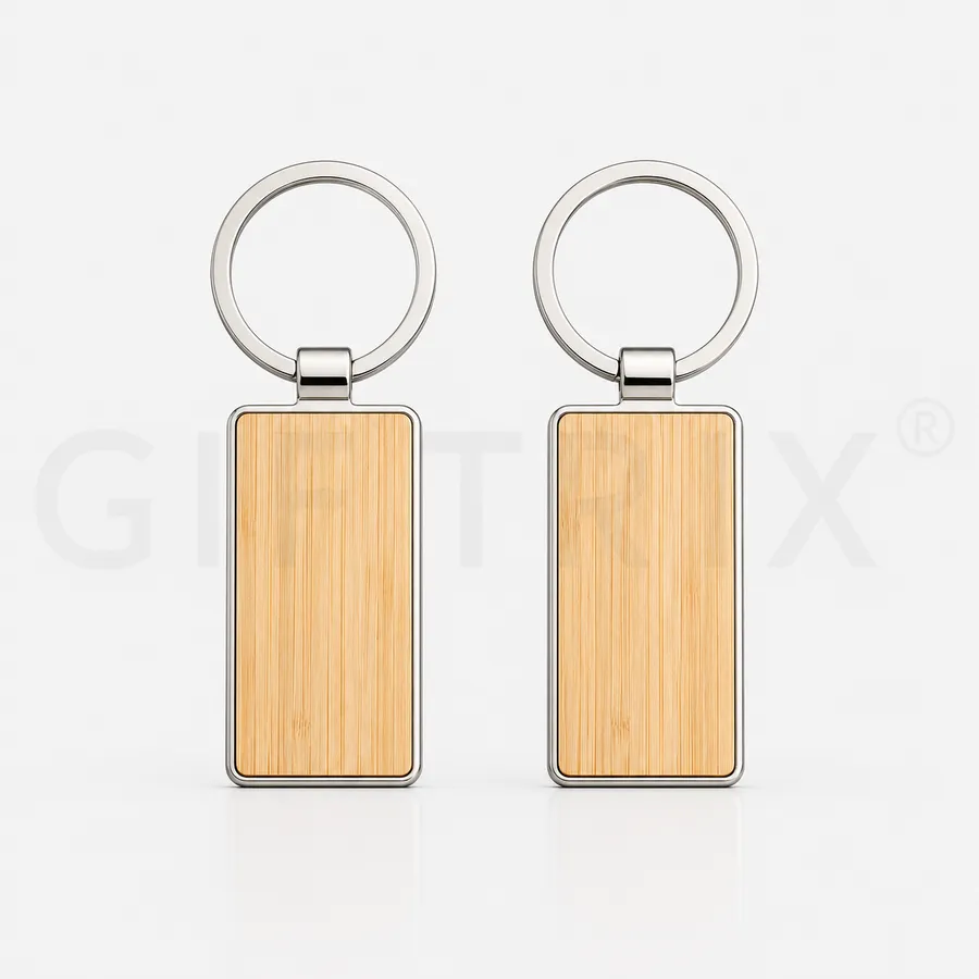 Bamboo rectangle keychain with chrome frame