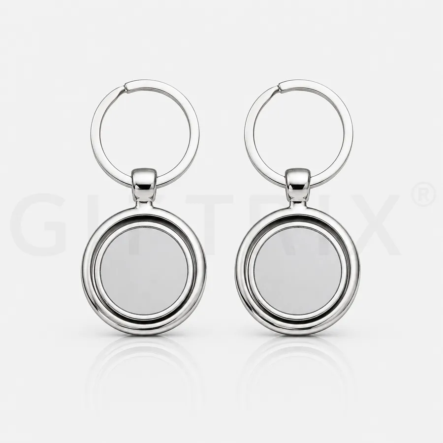 Chrome round keychain with engravable plate