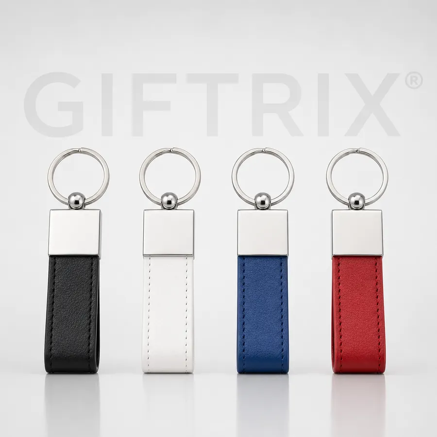 Chrome cap leather keychain in 4 colours