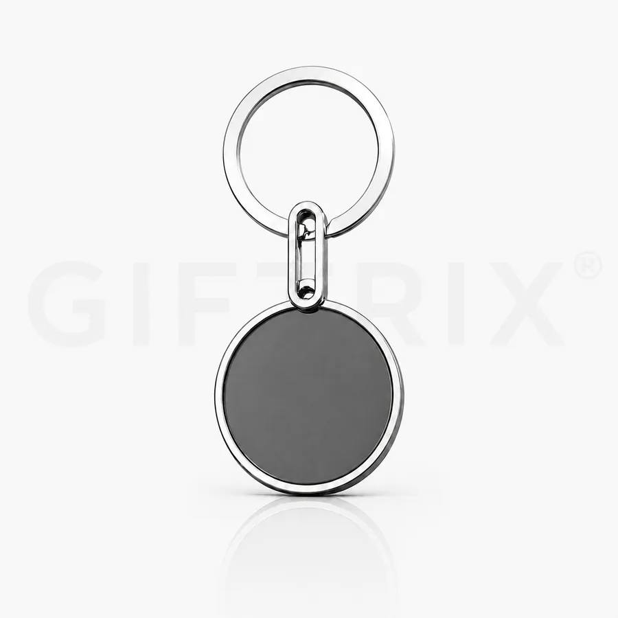 Metal round keychain — glossy black plate with chrome border