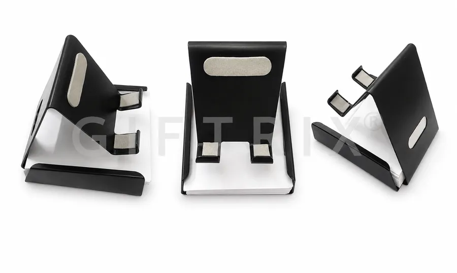 Black and silver compact metal phone stand with rubber pads
