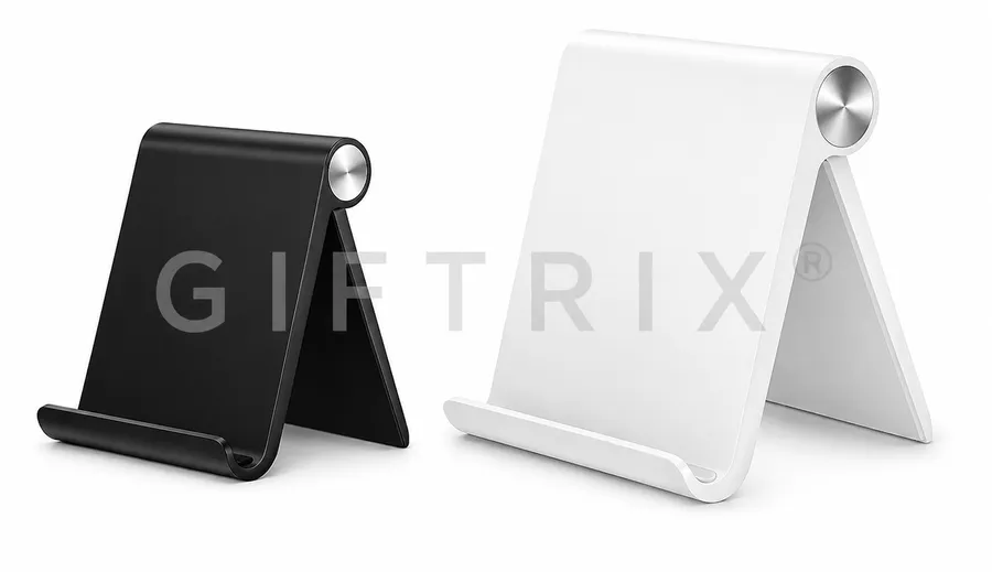 Sleek curved adjustable mobile stand in black and white
