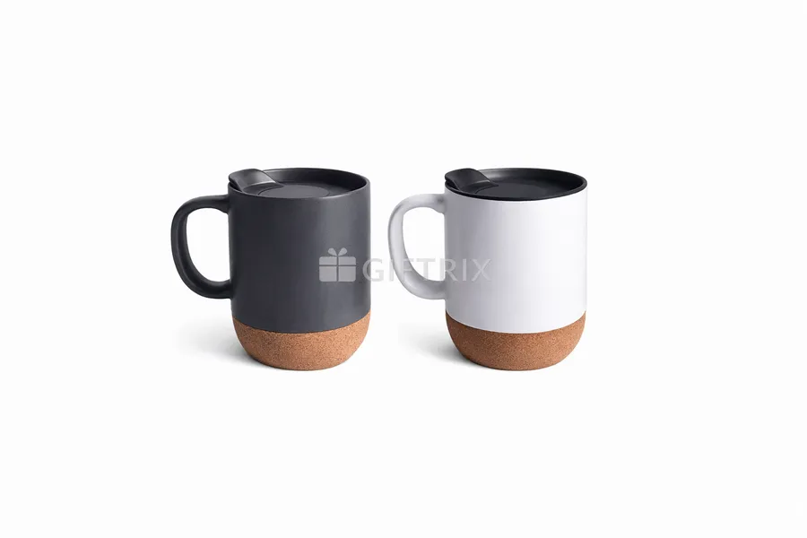Ceramic mugs with cork base in black and white