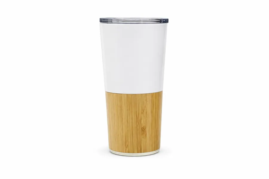 White tall tumbler with bamboo base