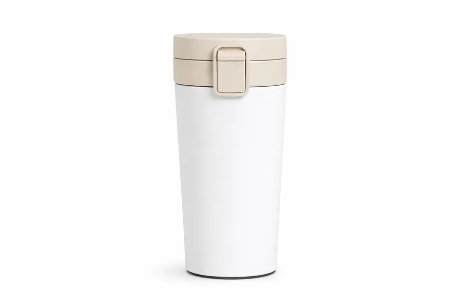 White travel tumbler with flip-latch lid