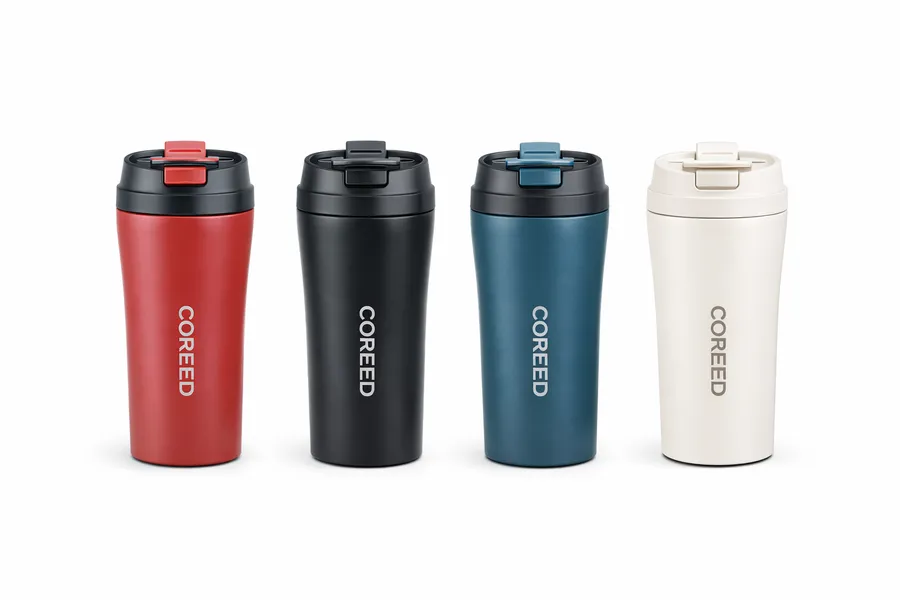 Branded flip-lid travel mugs in 4 colours