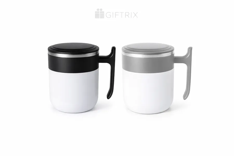 Office side-handle mugs with flip lid in black and grey