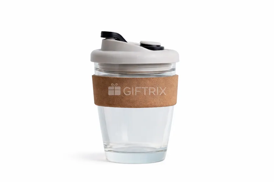 Glass keep cup with cork sleeve and grey flip lid