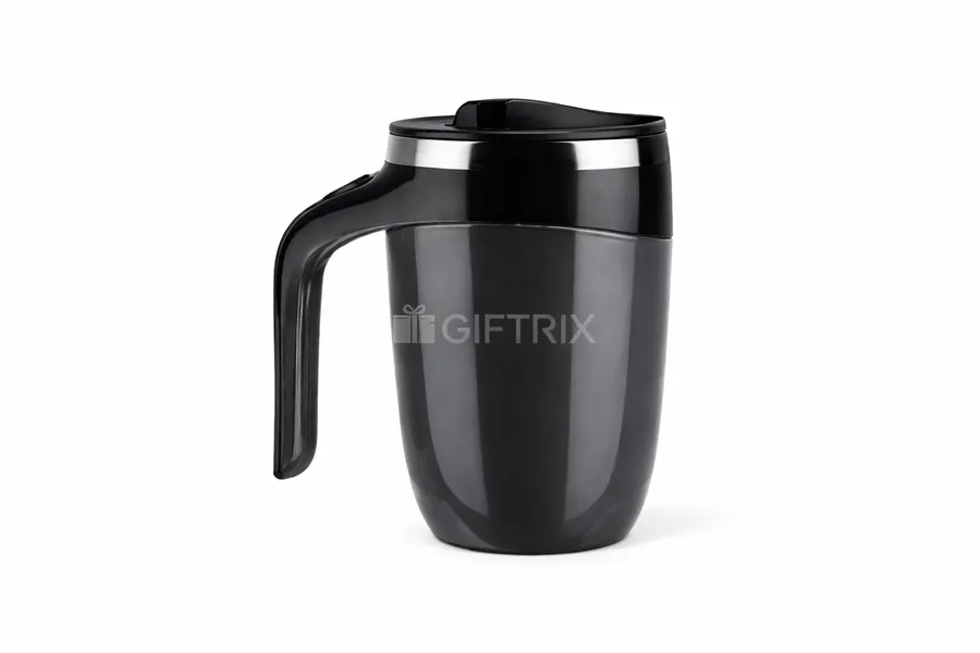 Black curved-handle travel mug with flip lid