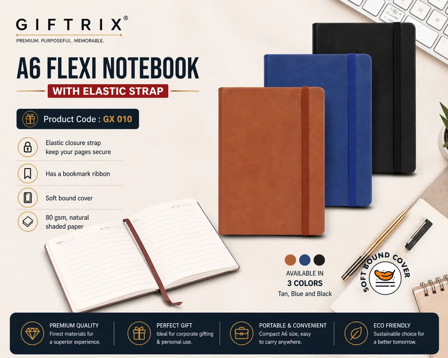 A6 Flexi Notebook with Elastic Strap in 3 colours