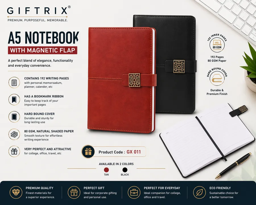 A5 Notebook with Magnetic Flap in tan and black