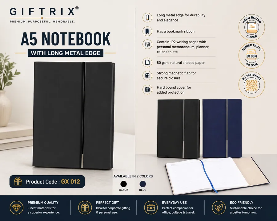 A5 Notebook with Long Metal Edge in black and blue