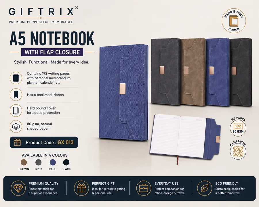 A5 Notebook with Flap Closure in 4 colours