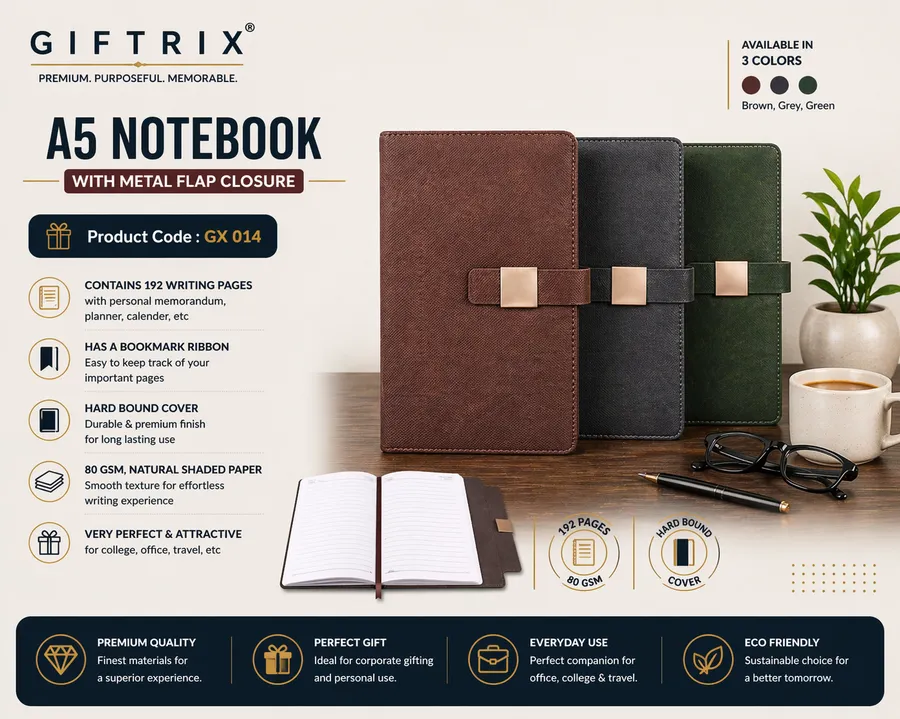 A5 Notebook with Metal Flap Closure in 3 colours