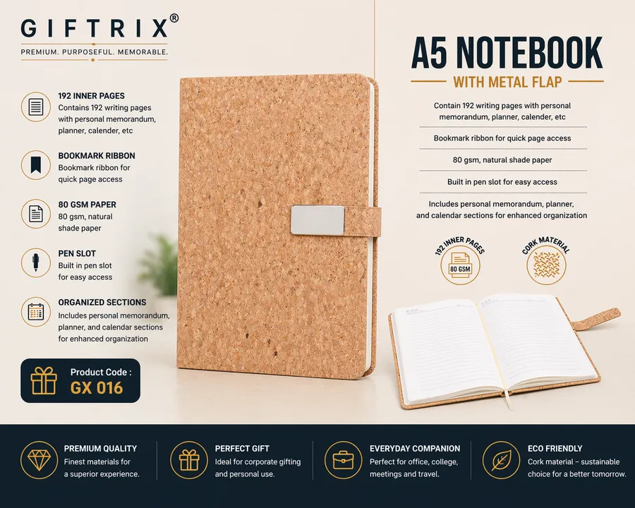 A5 Cork Notebook with Metal Flap closure