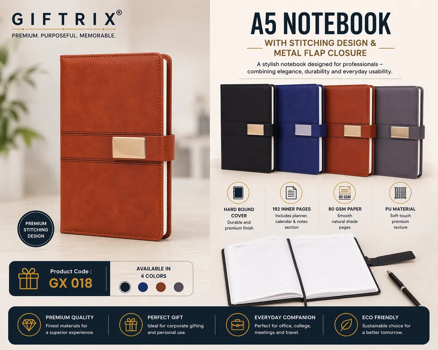 A5 Notebook with Stitching Design and Metal Flap in 4 colours