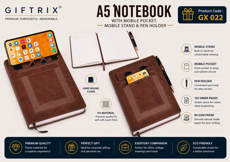 A5 Notebook with Mobile Pocket Mobile Stand and Pen Holder