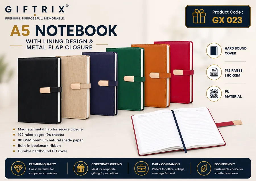 A5 Notebook with Lining Design and Metal Flap in 5 colours