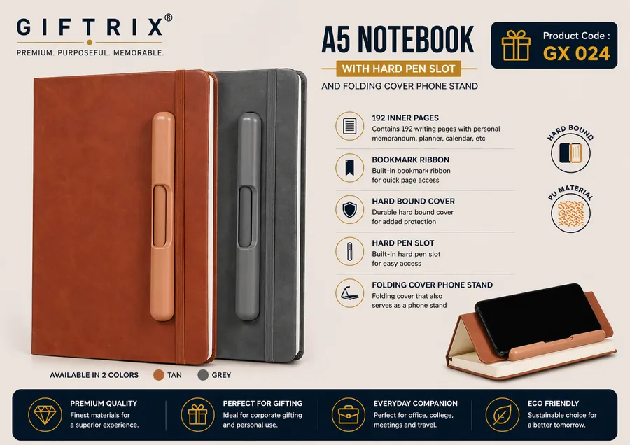 A5 Notebook with Hard Pen Slot and Folding Phone Stand in tan and grey