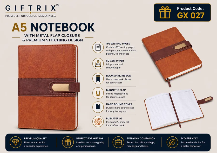 A5 Notebook with Metal Flap Closure and Premium Stitching in tan