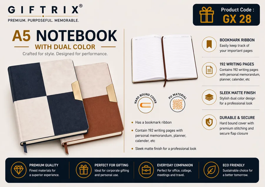 A5 Notebook with Dual Color navy and tan