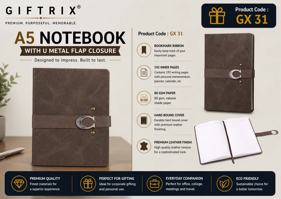 A5 Notebook with U Metal Flap Closure in brown