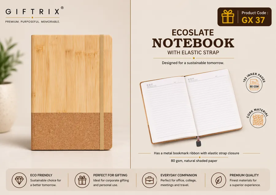 Ecoslate Notebook with Elastic Strap in bamboo and cork