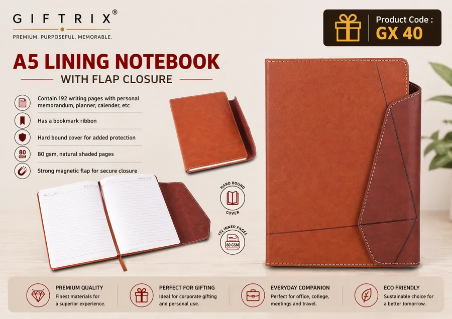 A5 Lining Notebook with Flap Closure in tan
