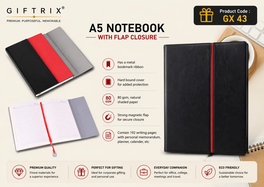 A5 Notebook with Flap Closure in black and red