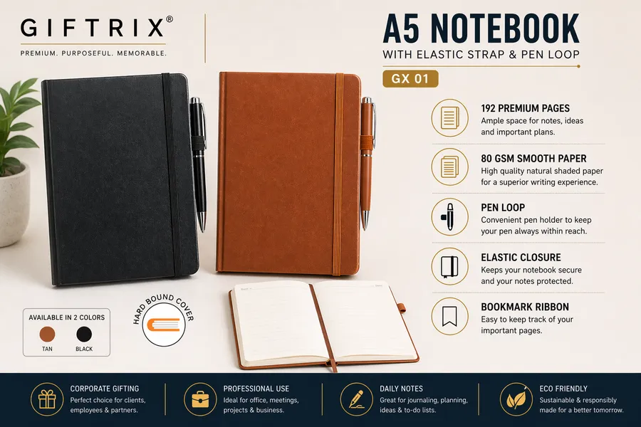 A5 Notebook with Elastic Strap and Pen Loop in tan and black