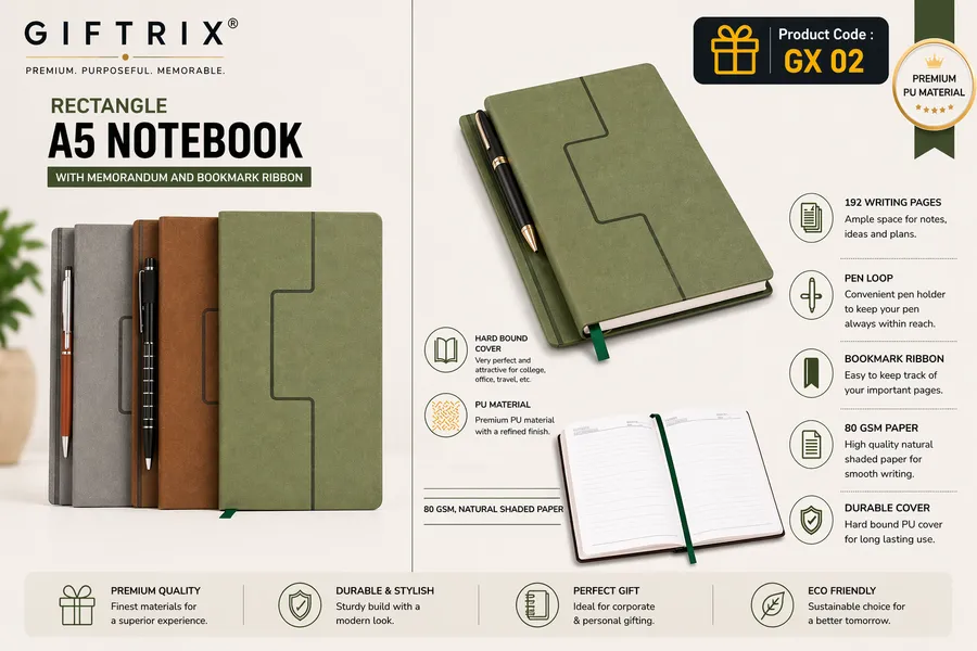 Rectangle A5 Notebook with Memorandum and Bookmark Ribbon in olive