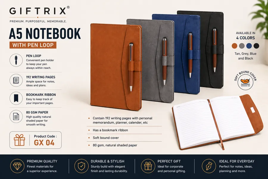 A5 Notebook with Pen Loop in 4 colours