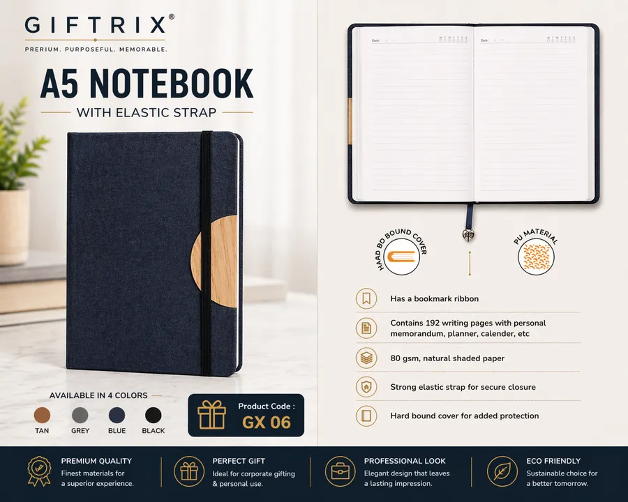 A5 Notebook with Elastic Strap in 4 colours